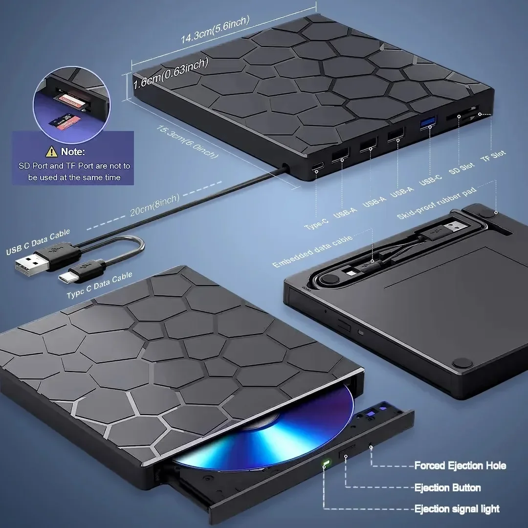 7 في 1 محركات أقراص مضغوطة/DVD خارجية USB 3.0 نوع C مشغل ديفيدي محمول أقراص مضغوطة قارئ محرك الأقراص الكاتب لأجهزة الكمبيوتر المحمول المكتبية