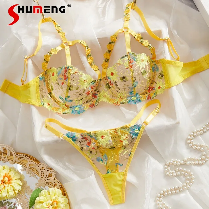 

Hollow Out Strap Bra Lingerie Set Women Ultra Thin Pure Desire Sexy Suits for Women Embroidered Underwear with Underwire