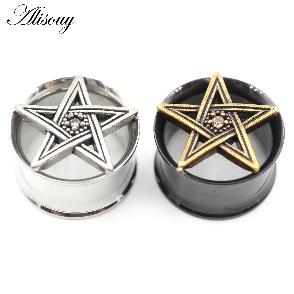 Alisouy 1PC Stainless Steel Hollow Star Zircon Flared Ear Tunnels Plugs Expanders Stretcher Gauges Earring Piercing Body Jewelry
