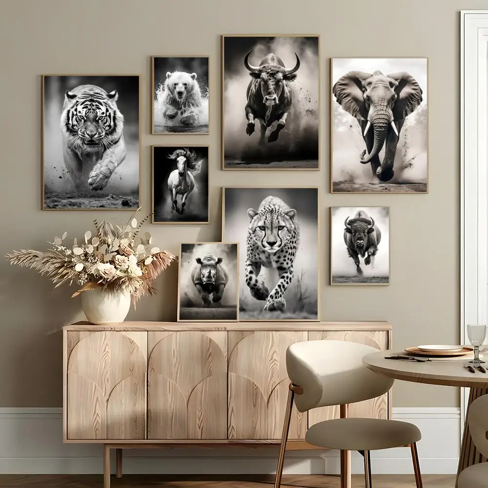 Black White Animal Tiger Elephant Deer Cheetah Bull Horse Poster Sticker For Living Room  Bar Home Decor Mural Painting Decora