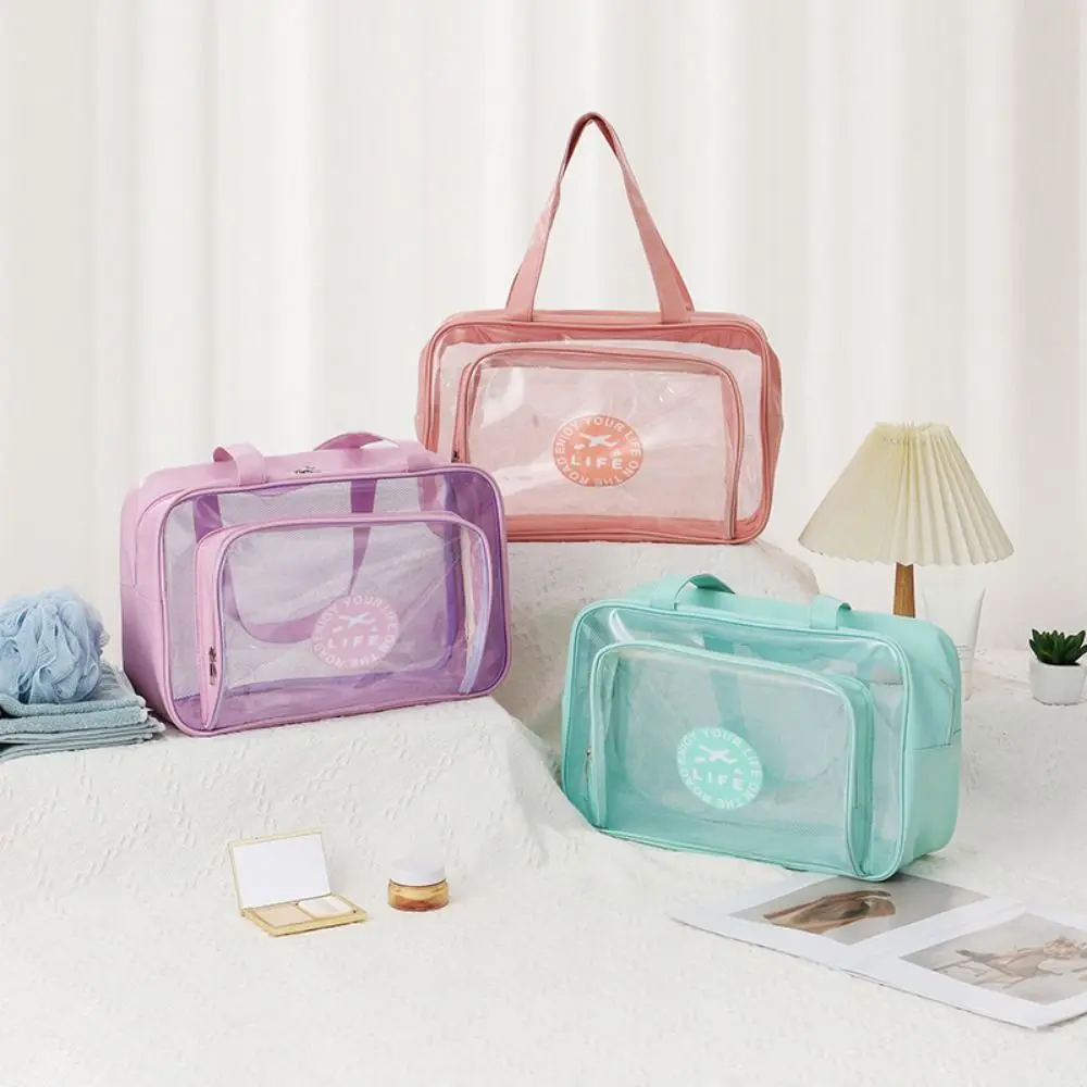 

Large Capacity Portable Cosmetic Bag Transparent Waterproof Toiletry Storage Pouch Wide Handle Large Opening Makeup Handbag