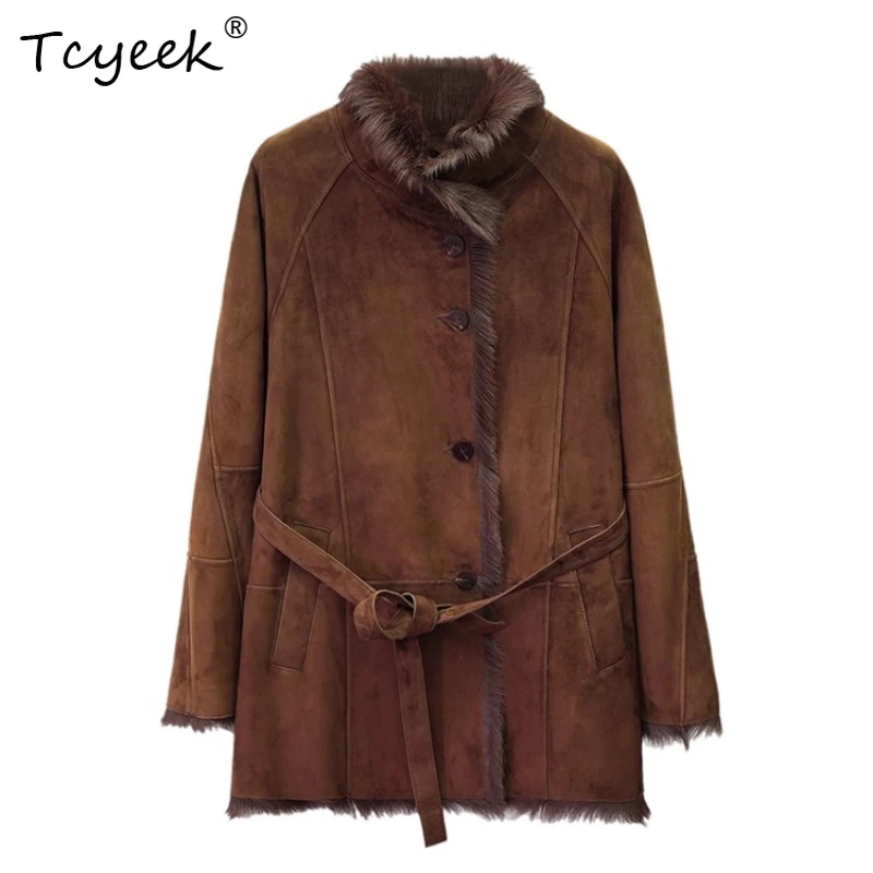 Tcyeek 本物のウール 秋冬 ハイエンド トレンド スタンドカラー 無地 ミディアム丈 レディース ウール シアリング ファーコート