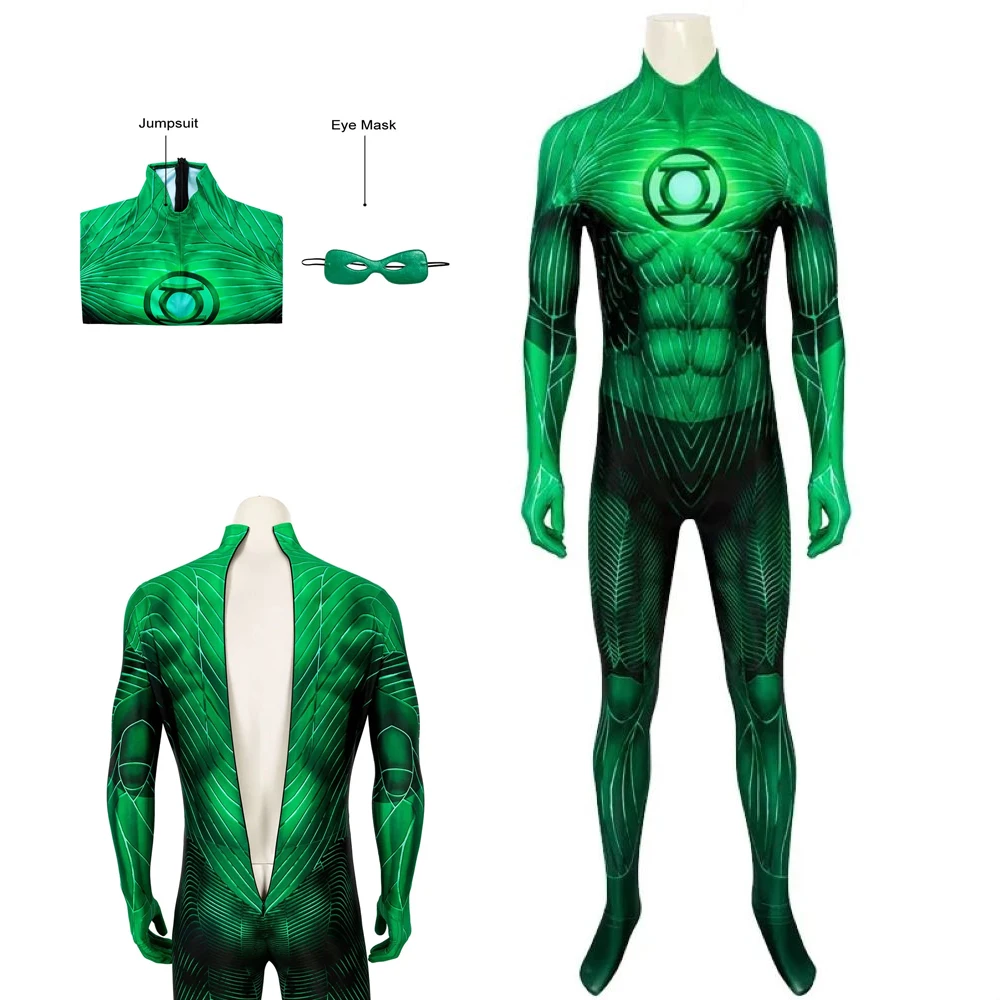 

Halloween Carnival Superhero Lantern Role-Playing Costume Green Zentai 3D Printed Tight Fitting Jumpsuit With Eyepatch Clothing