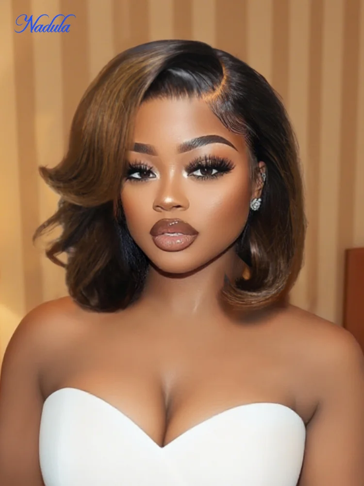 

NADULA Ombre Brown Wavy BOB Human Hair Wig Side Part 7x5 Bye Bye Knots 3.0 Glueless Bob Wig With Drawstring Density 180%