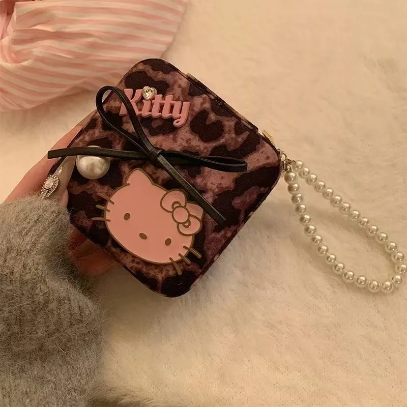 KT Cat Jewelry Box Cartoon Cute Figure Leopard Pattern Cool Dustproof Layered Earnail Necklace Storage Box Portable Woman Gift