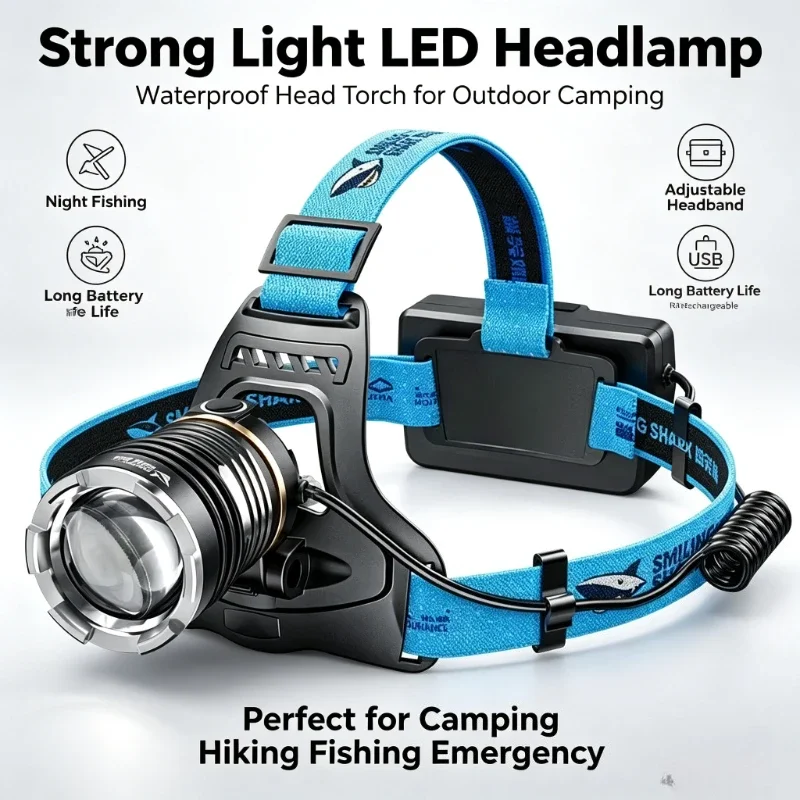 Smiling Shark Strong Light LED Headlamp Night Fishing Powerful Head Torch Outdoor Waterproof Camping Portable TD-8036