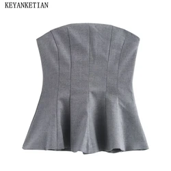 KEYANKETIAN 2025 Spring New Women's Gray Skirt style Strapless Top Fashion Sexy Backless Slash neck Side Zipper Slim Corset Vest