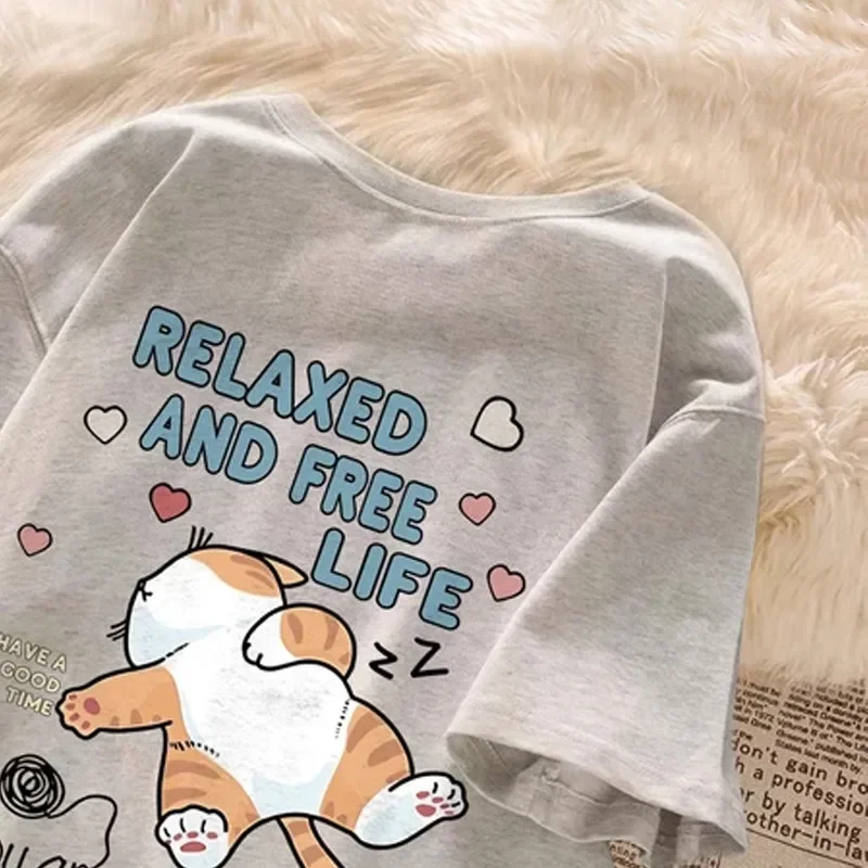

Cute Cartoon Lazy Cat Letter Print Summer Couple Short Sleeved T-shirt Loose Casual Women's Top Women Clothes