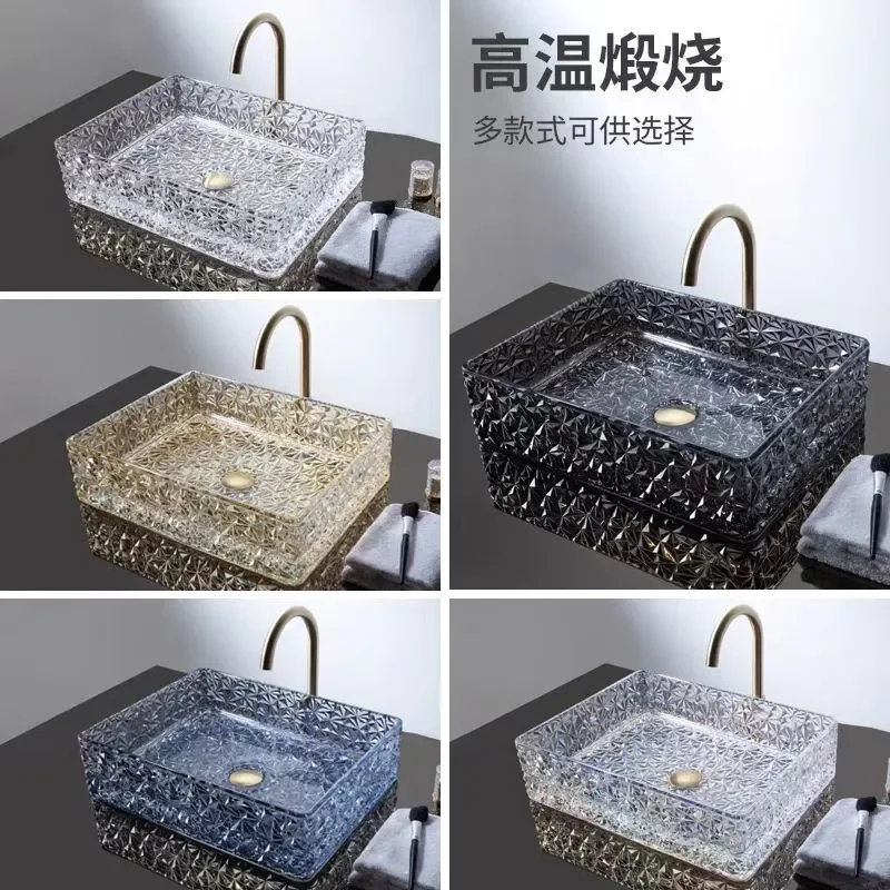 Modern Oval Crystal Glass Vessel Sink Glacier Series Countertop Wash Basin for Bathroom Cabinet Hotel Vanity Simple Design