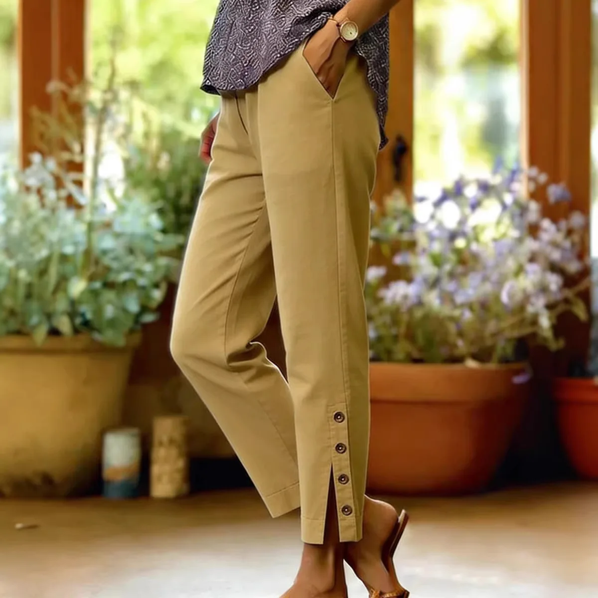Fashionable Women's 2026 Spring/summer. New Cotton And Lines Side-button Cropped Straight-leg Random Pants. Midi Lace Clothes