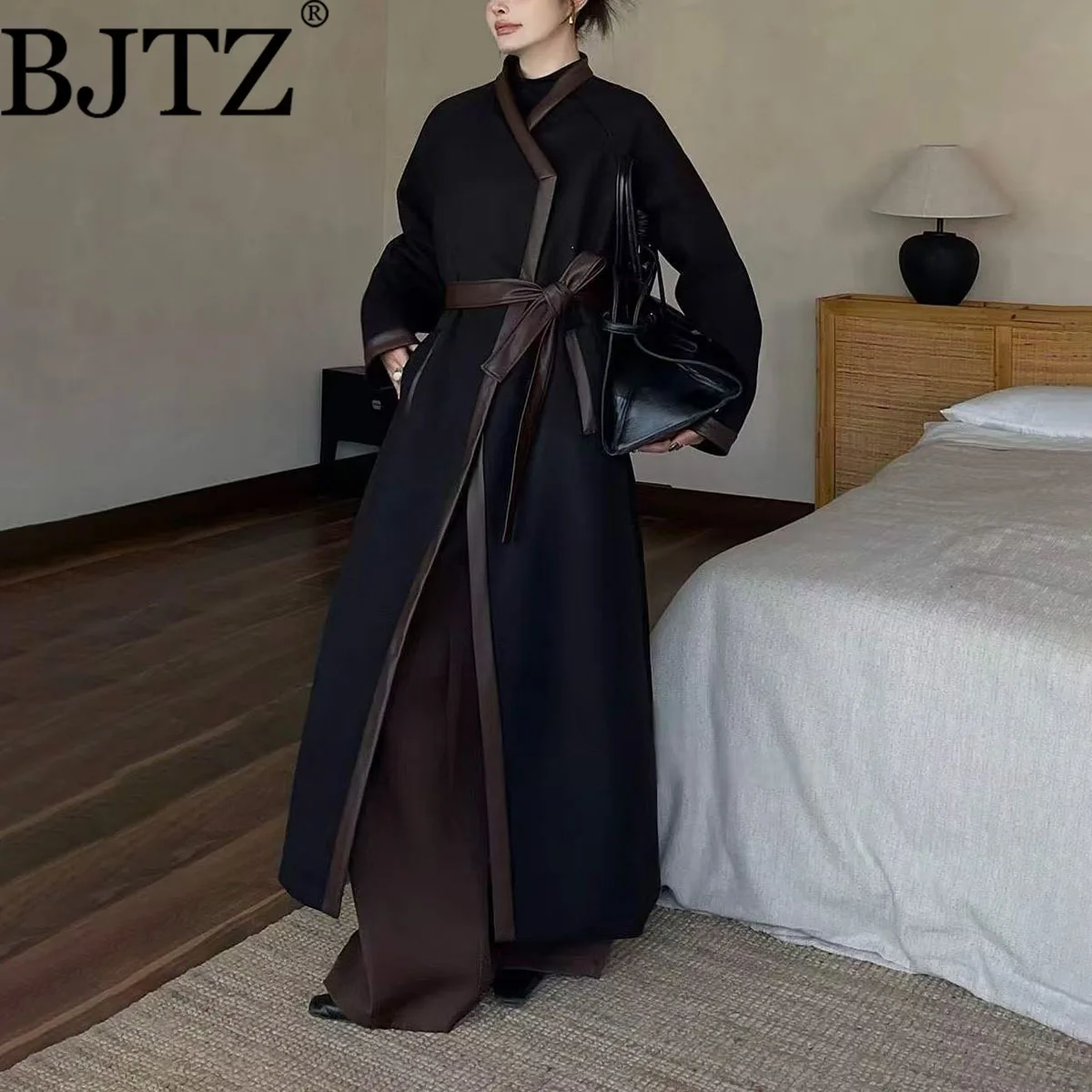

BJTZ 2025 Trendy Women’s Trench Coat Oversized Lapel PU Leather Patchwork Contrast Trim Warm Long Coat Autumn Winter Fashion