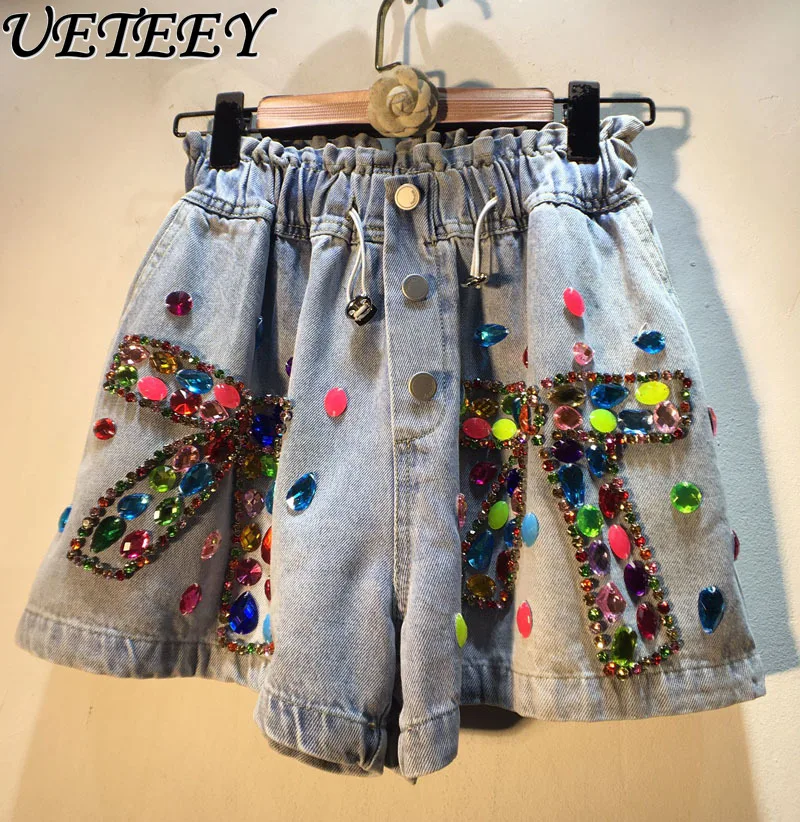 

Summer New Exquisite Rhinestone Beaded Bowknot Loose Short Jeans Elastic High Waist Sliding Wide-Leg Denim Shorts for Women