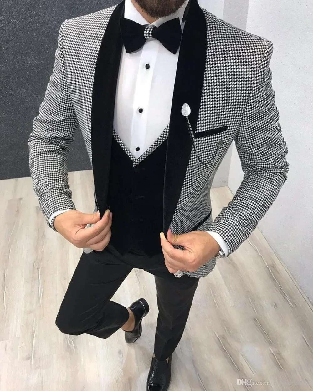 Houndstooth Check Suit Coat Velveteen Vest Black Trousers Shawl Collar Blazer Trousers Men\'s Sets Party Wear Men Wedding Outfit