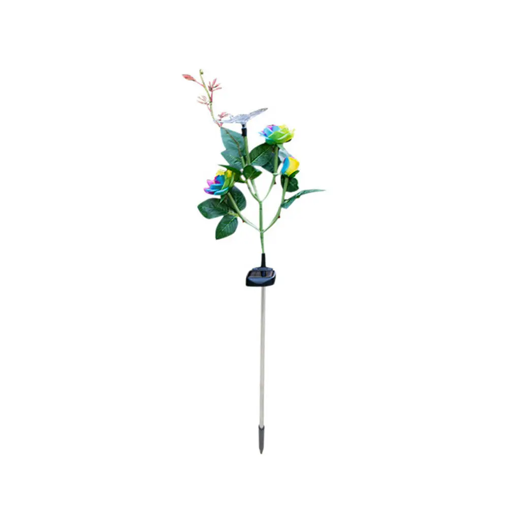 Solar Powered Rose Lights Garden Stake Outdoor Decorative LED Lawn Lamp for Pathway Yard with Rainbow Flowers And Butterfly
