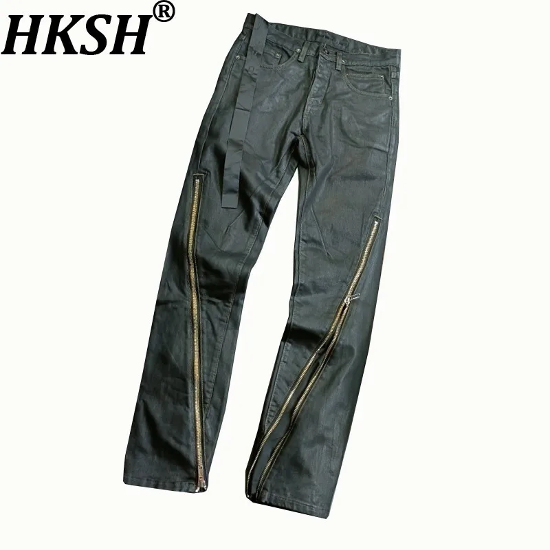 

HKSH Autumn New Men Tide Dark Punk Denim Pants RO Style Chic Ins Casual Coated Jeans Zipper High Street Functional Jeans HK15713