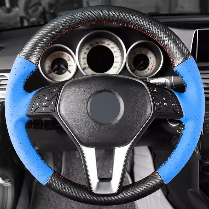 

Matt Carbon Fiber Sky Blue Perforated Leather Steering Wheel Cover Car Accessoires for Mercedes-Benz C200L GLC260 GLA200 E300L