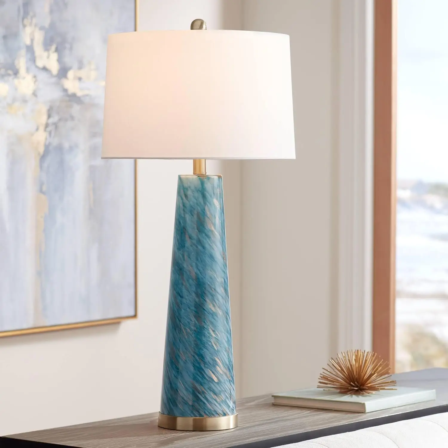 

Lighting Rory Modern Coastal Table Lamp 31 3/4" Tall Blue Pattered Art Glass Off-White Tapered Drum Shade for Living Room Be