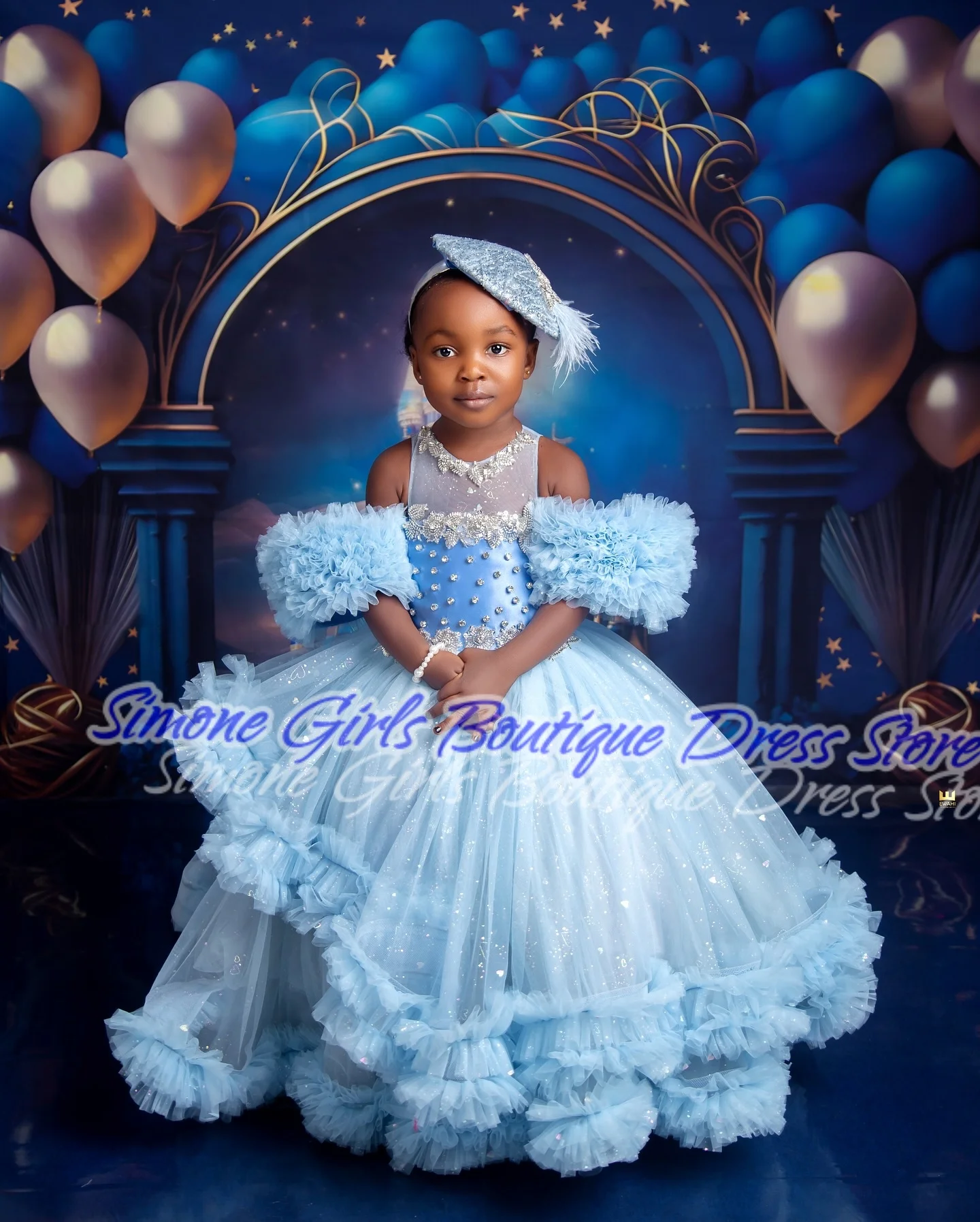 Blue Princess Dress Fluffy Sequin Decoration Floor-length Skirt Flower Girl Dress for Performances Parties Birthday Party Dance