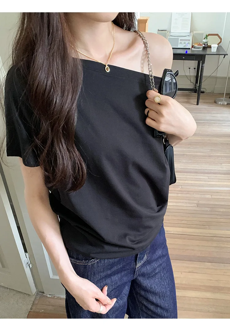 Off Shoulder T-Shirt Lace Top Womens Yellow Bright Simple Solid Color Regular Version Basic Plain Female Tee Pure Fresh Light GF