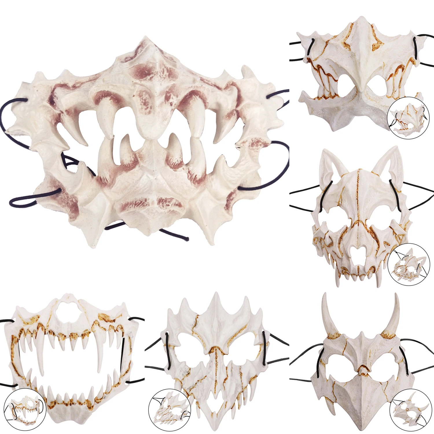할로윈 3D 본 파티 하프 페이스 마스크, 해골 코스프레 가장 무도회 카니발 마스크 드래곤 타이거 야샤 텐구 로프플레이 의상 소품