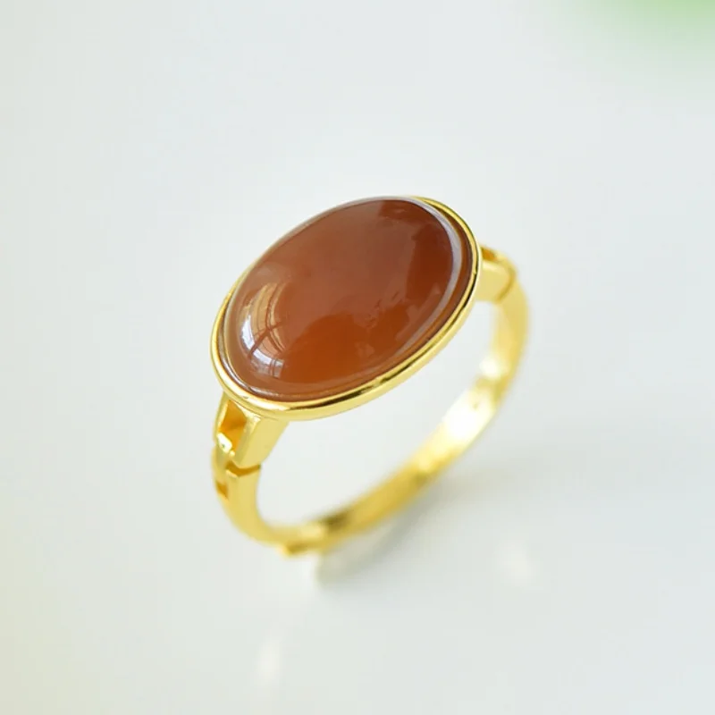 SGARIT Authentic Jadeite Natural Hetian Brown Jade S925 Silver Inlay 11*16mm Xinjiang Material Oval Ring Toffee Color Jewellery