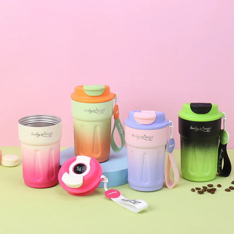 420ml Thermos Cup With Lift Rope,Double Stainless Steel Coffee Cup,Vacuum Flasks With Temperature Display,Clamshell Water Bottle