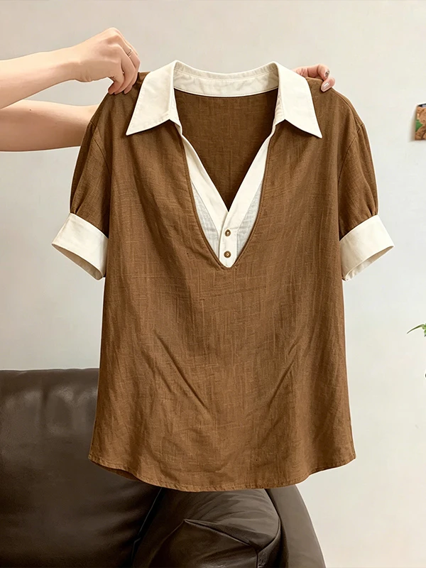 

plus Size Vintage Inspired V-Neck Shirt Women's Loose Fashionable Top Summer 2026 Korean Style Breathable Short Sleeve Blouse