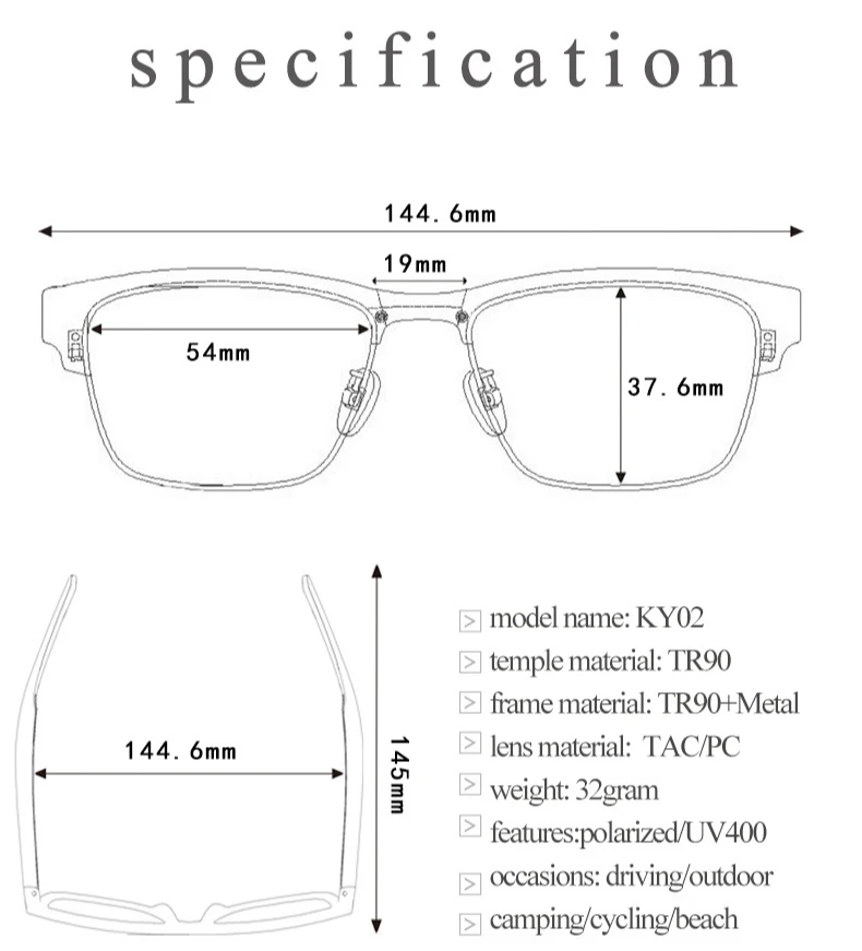 Smart Glasses Bluetooth 5.0 Stereo Open Audio polarizzatore adatto per esterni, guida e sport