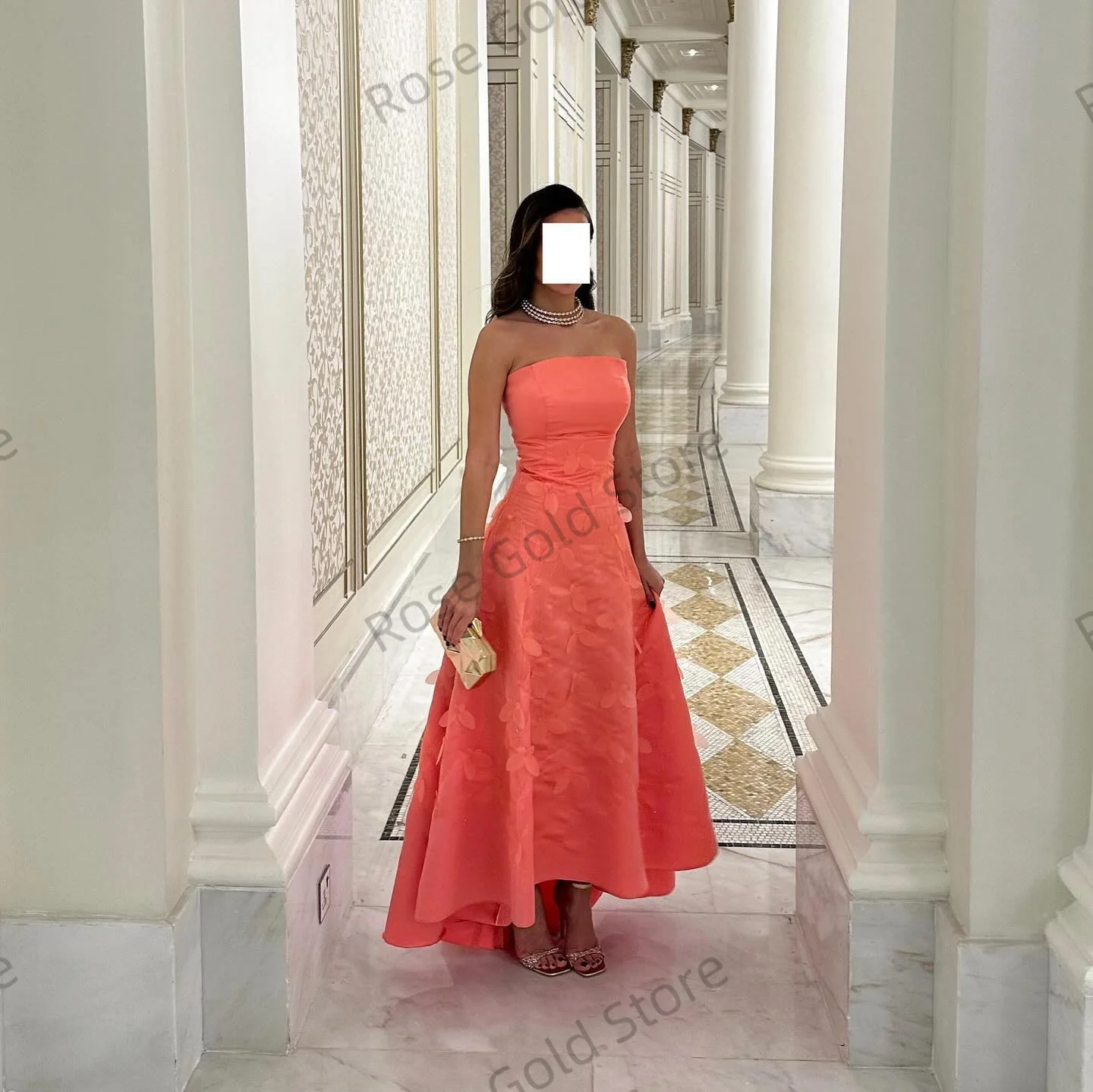 فساتين سهرة عصرية بدون حمالات على شكل حرف A برتقالية ناعمة للنساء فساتين حفلات مع زينة من الدانتيل فستان حفلات مكشكش مخصص #3