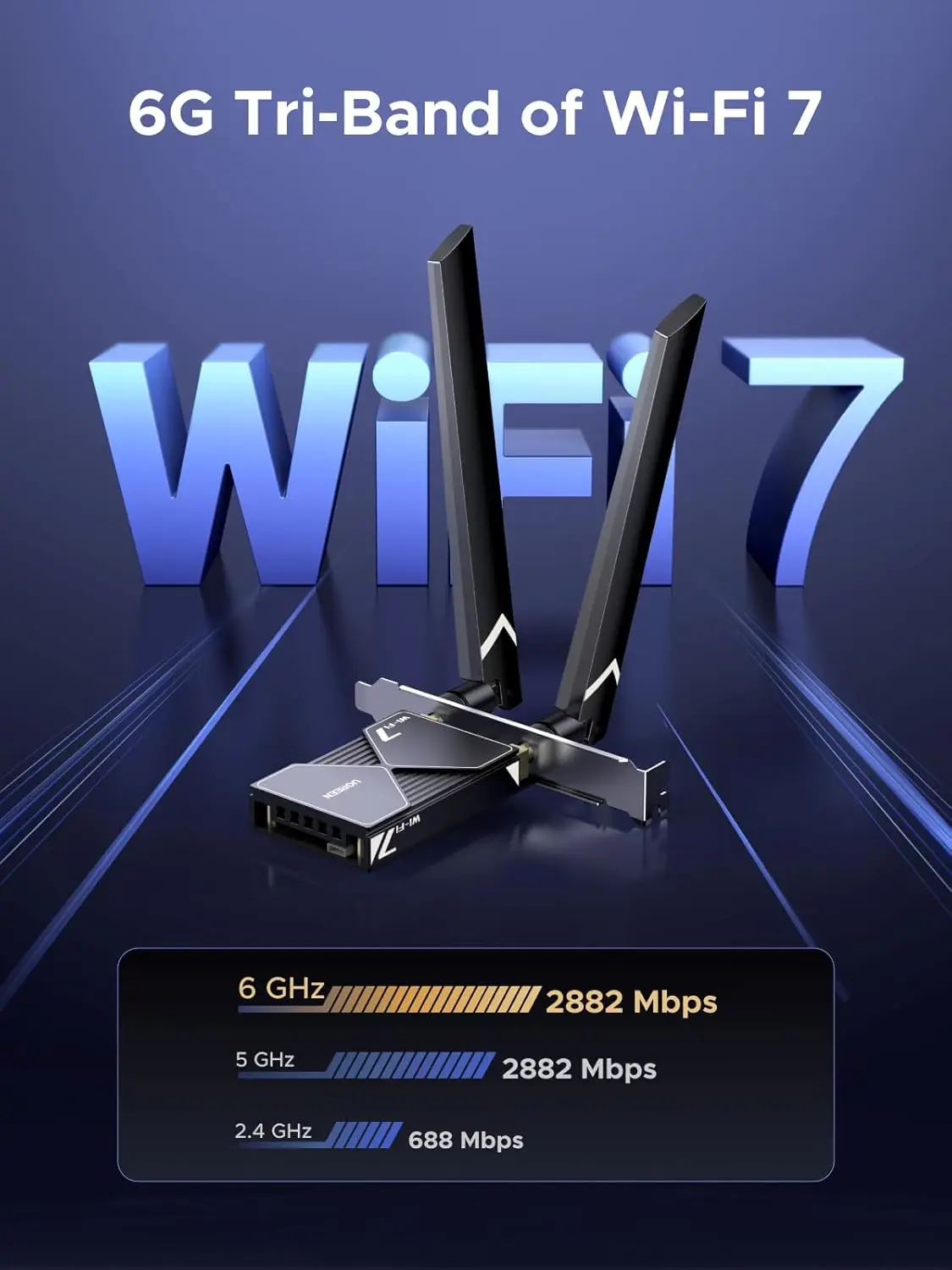 

MAF UGREEN WiFi 7 BE6500 PCIe 4Pin WiFi Card Bluetooth 5.4 IEEE 802.11ax/be 6G 2882Mbps/5G 2882Mbps/2.4G 688Mbps BE3600