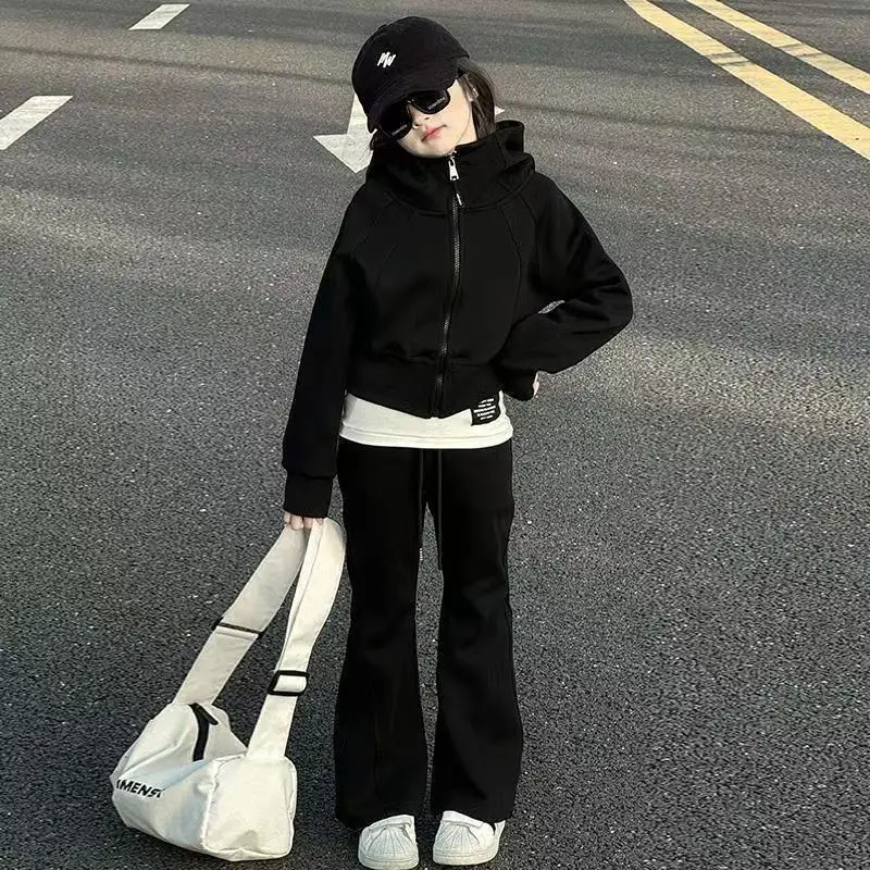 2026 autumn winter teenager kids girl Children set Clothes crop top Hooded + black Straight pants 4 6 7 8 9 10 11 12 14 15 Year 5