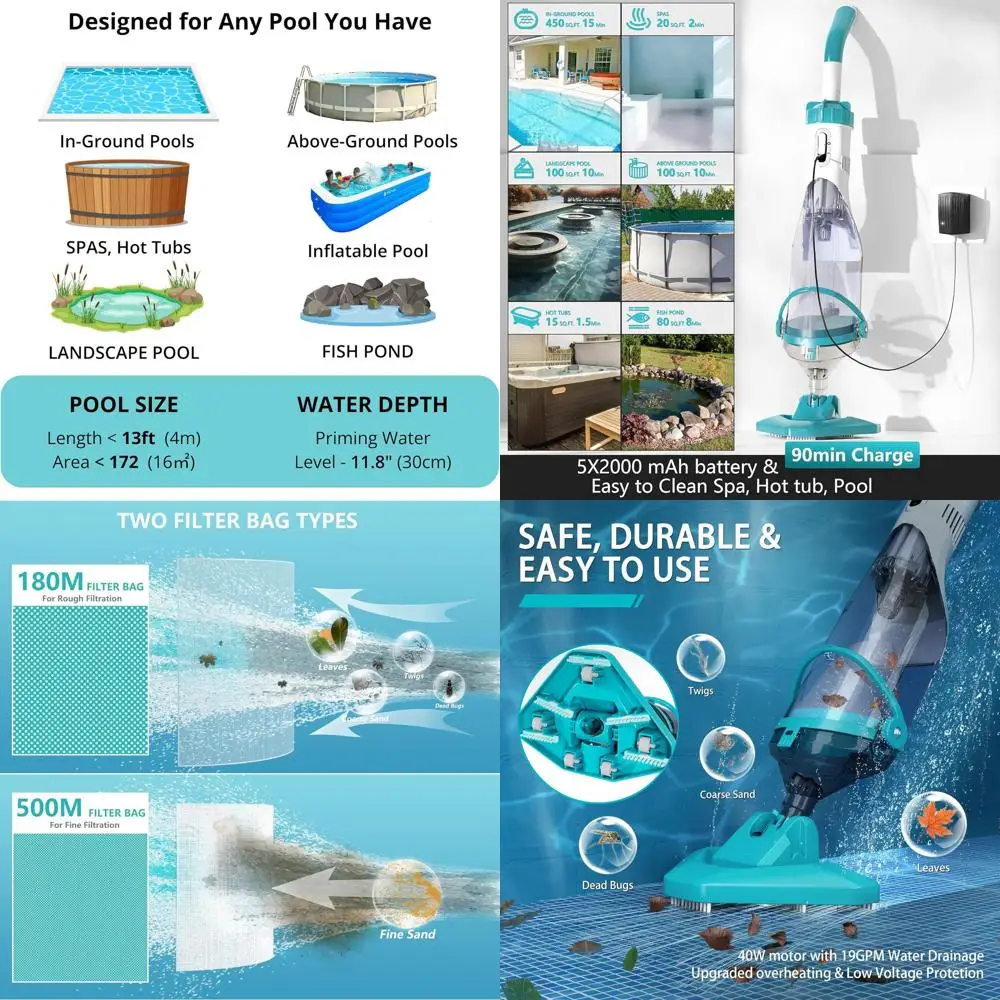 Cordless 19 GPM Pool Vacuum, 60-Minute Runtime, Ideal for Above Ground Pools, Removes Debris and Sand