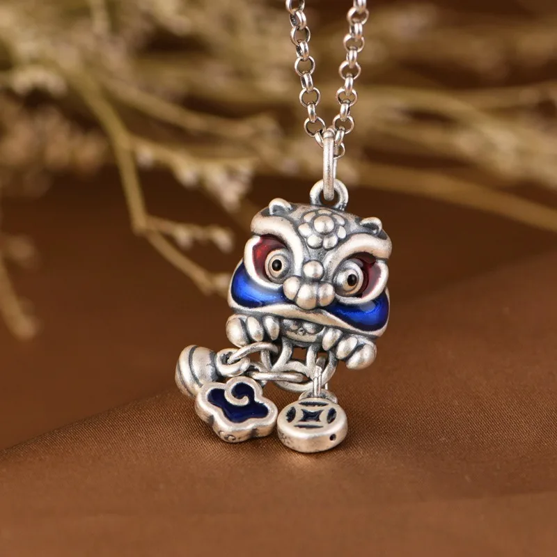 Blue Cute Small Pendant 925 Silver Lion Dancing Tassel Necklace Chinese Style Copper Coin Design Banquet Couple Jewelry Gift