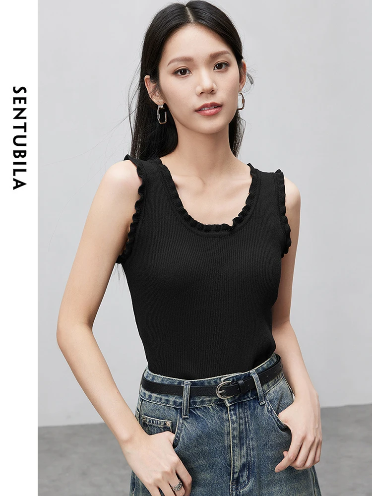 

Sentubila Knitted Tank Top Women 2024 Summer New Round Neck Ruffles Sleeveless Knit Tops Solid Straight Pullovers W42I55263