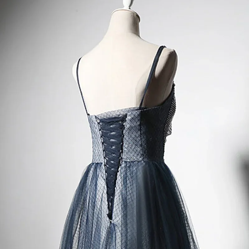 Gaun malam Navy Blue payet Glitter Tulle tali Spaghetti A-line panjang lantai ukuran Plus gaun Formal pesta wanita B1012