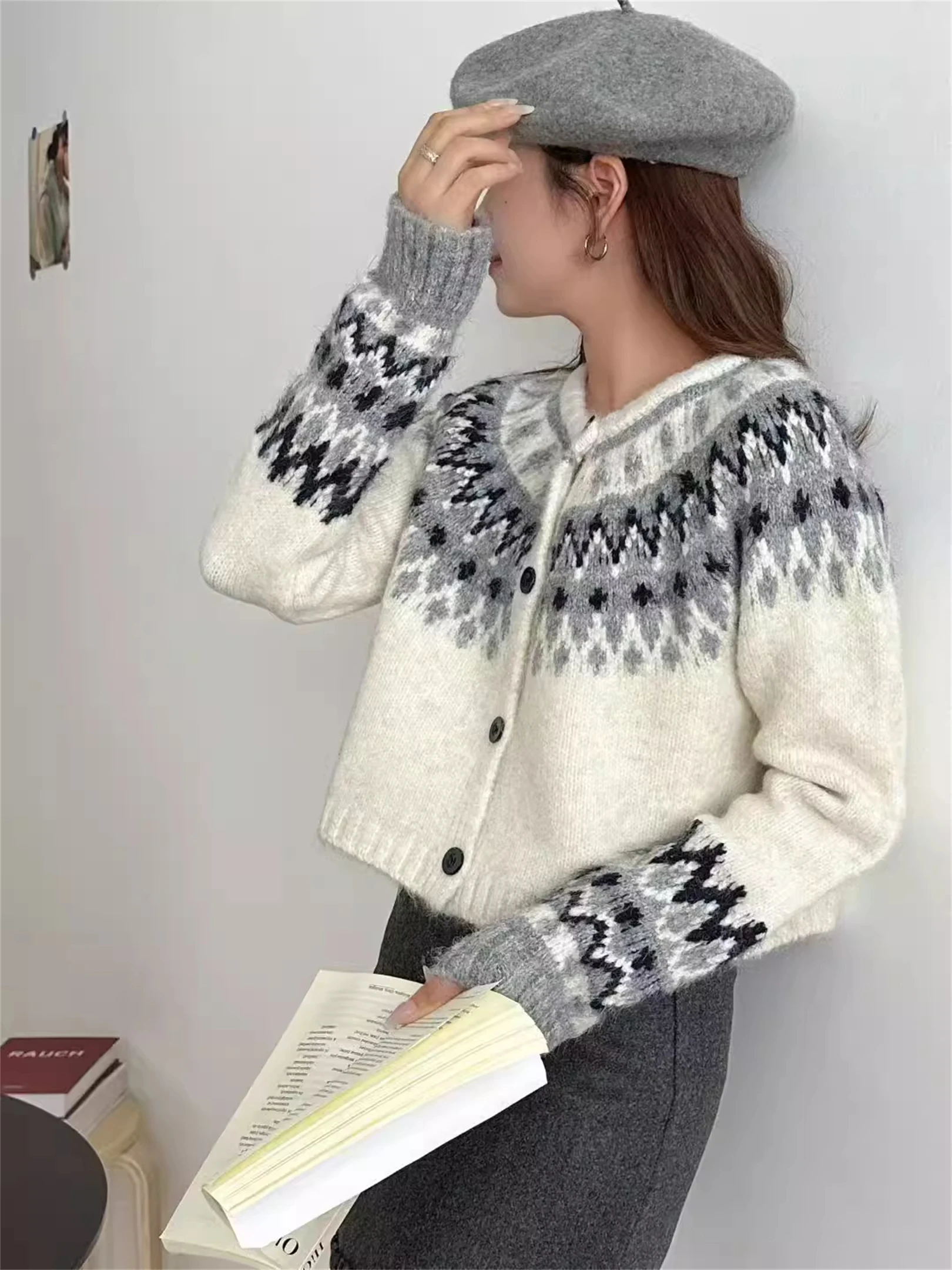 Dames ort gebreide trui jas Island Fair Isle contrasterende kleur gebreide kleding afslanken groot formaat herfst faion casual sle