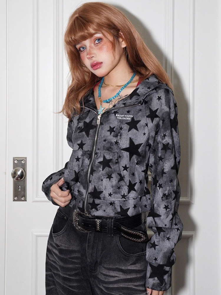 Frauen American Retro Star Print Jacke Süße Hot Girl Kurze Hoodie Herbst Winter Y2k Harajuku Street Fashion Mit Kapuze Sweatshirt