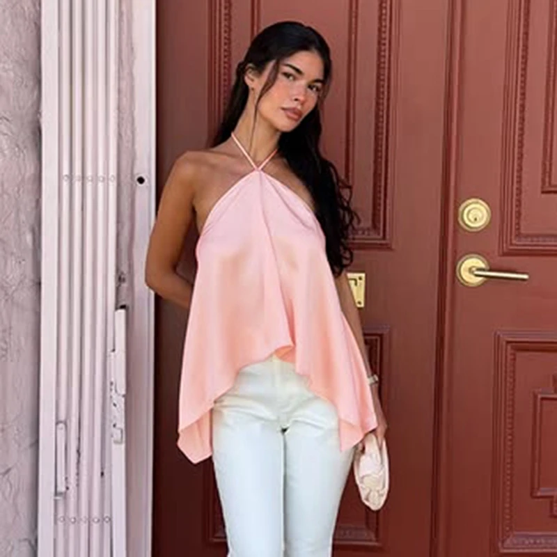Hugcitar Modisches Neckholder-Top mit Schnürung, Rückenfreies, Unregelmäßiges, Einfarbiges, Sexy Crop-Top für Damen, Niedliche Kleidung für Strand, Urlaub und Party – Detail 14