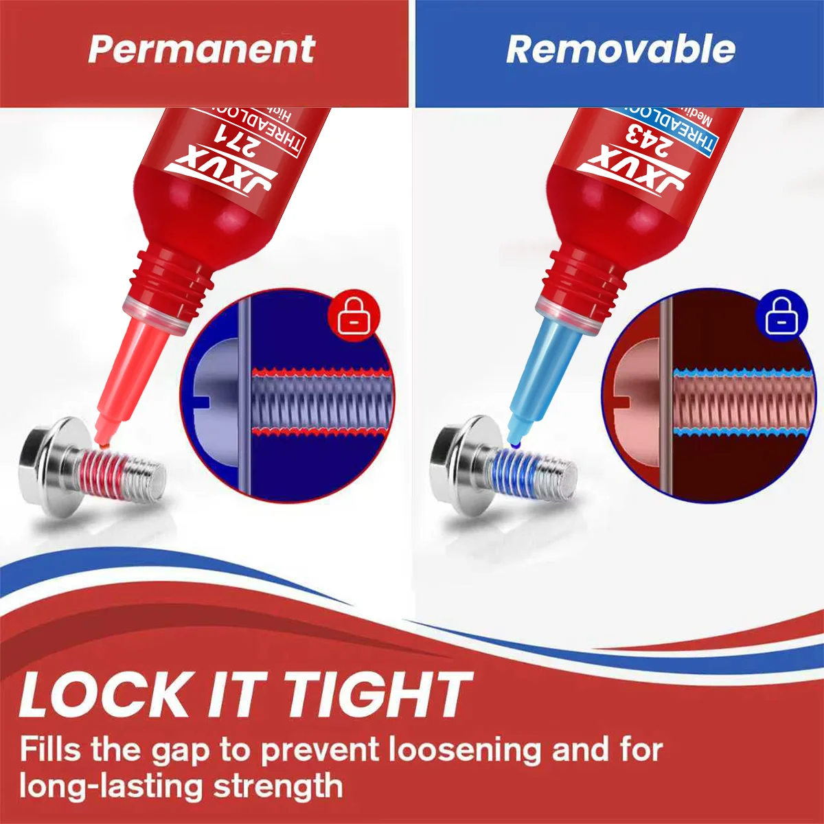 Blue Threadlocker 243 and Red Threadlocker 271, Permanent Locking, Fast Curing, Ideal Choice for Industrial Machinery Metal Fasteners, Anaerobic Glue for Metal, Adhesive for Screws