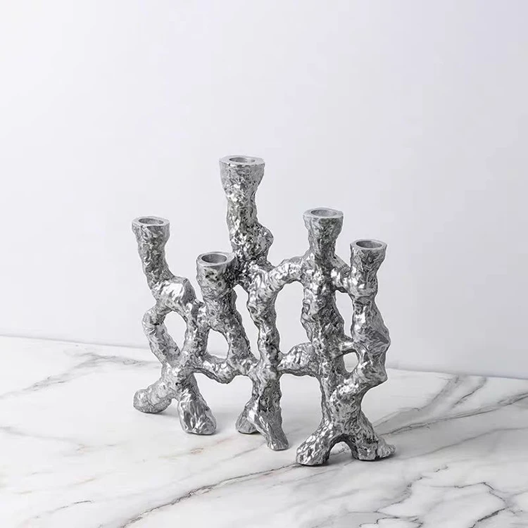 Modern Simple Menorah Silver Style for Living Room Study Home Desktop Decor Resin Crafts Root Candle Holder