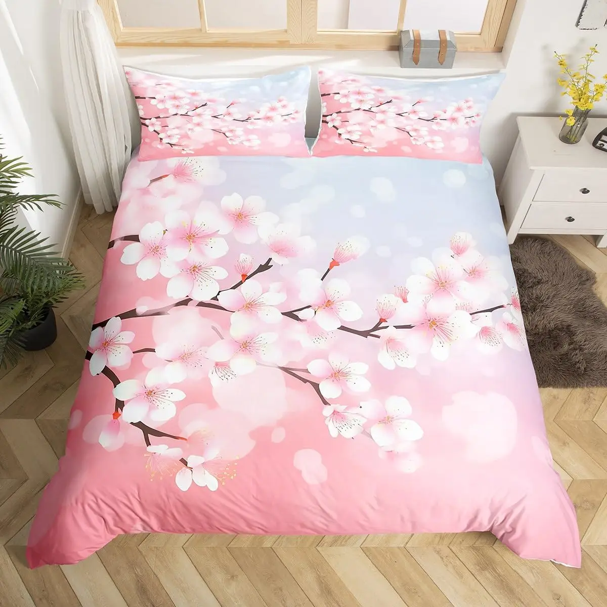 Cherry Blossoms Bedding Set for Boys Girls Japanese Style Floral Botanical Comforter Cover Twin King Sakura Flower Duvet Cover