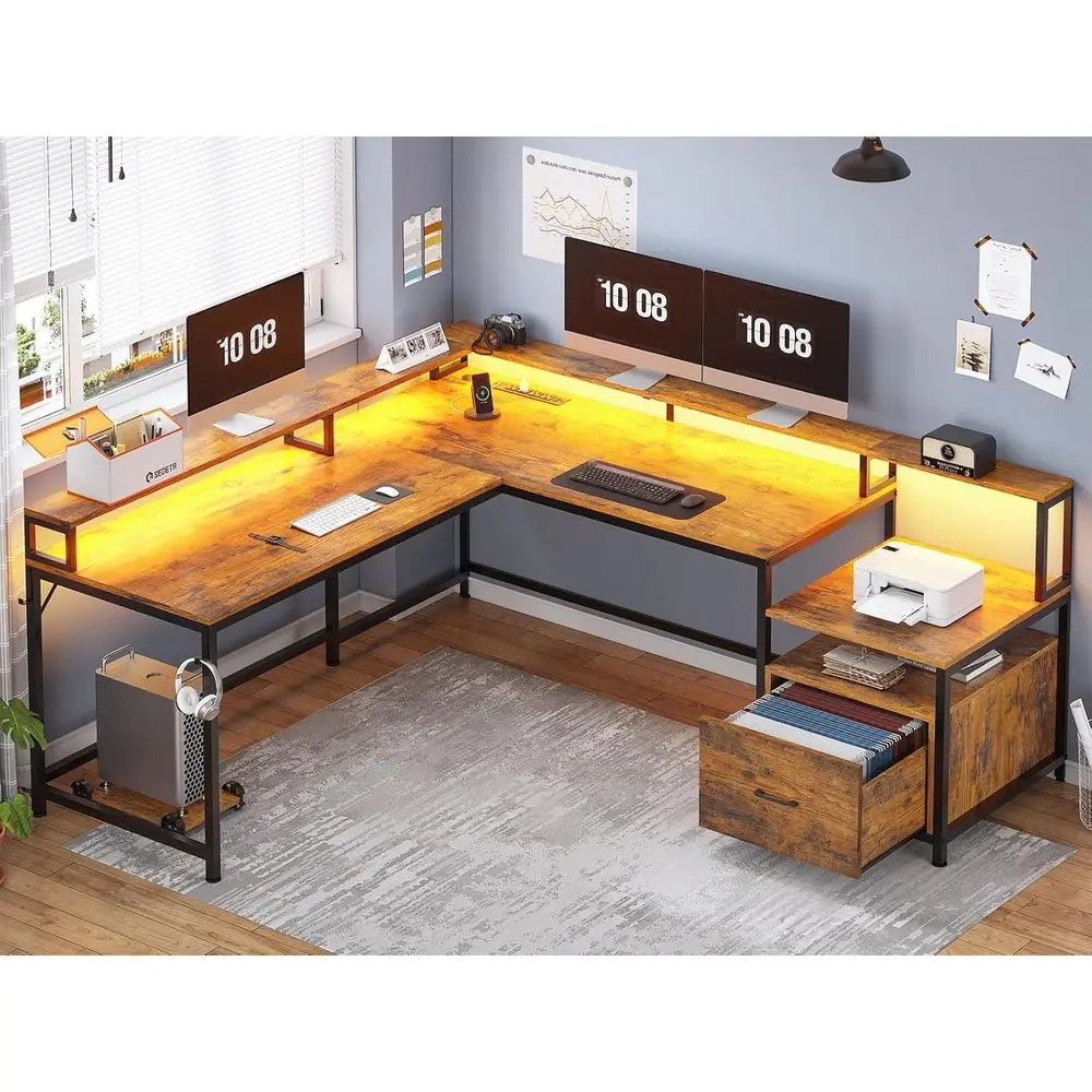 

66 L-Shaped Wooden Desk with LED Lights, Monitor Shelf, and Printer Storage for Home Office or Gaming