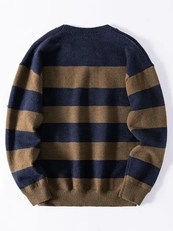 

Новый осенний мужской вязаный свитер с длинными рукавами и полосатым узором 3792025, повседневный, удобный, дышащий, с круглым вырезом