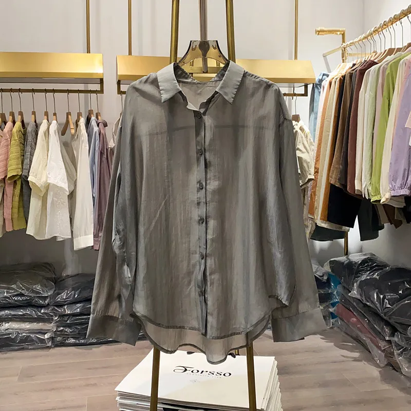 

Summer Sun Protection Shirt Elegant Sheer Tulle Top Korean Harajuku Sheer Loose Minimalist Lapel Top Casual Women's Cardigan