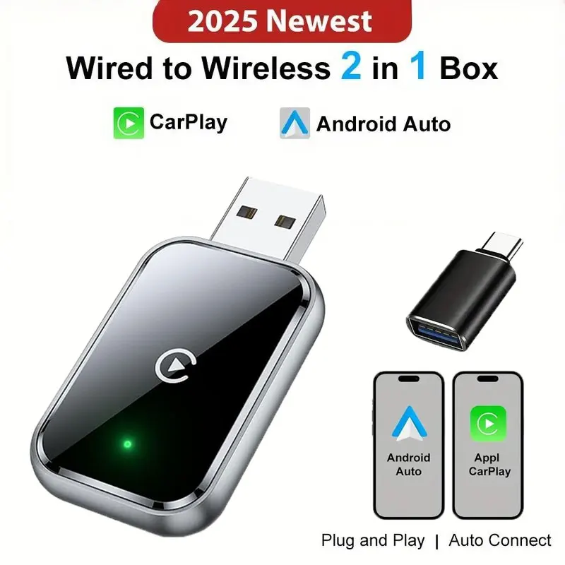 Adaptateur CarPlay et Android Auto sans fil 2 en 1, WiFi 5GHz, prise USB/type-c, faible latence, adaptateur Carplay sans fil pour la plupart des véhicules