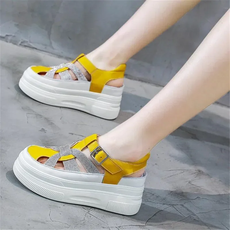 

8cm Genuine Leather Women Platform Sandals Wedge Slippers Buckle Strap High Heel Women Summer Shoes Sneakers Zapatos Mujer