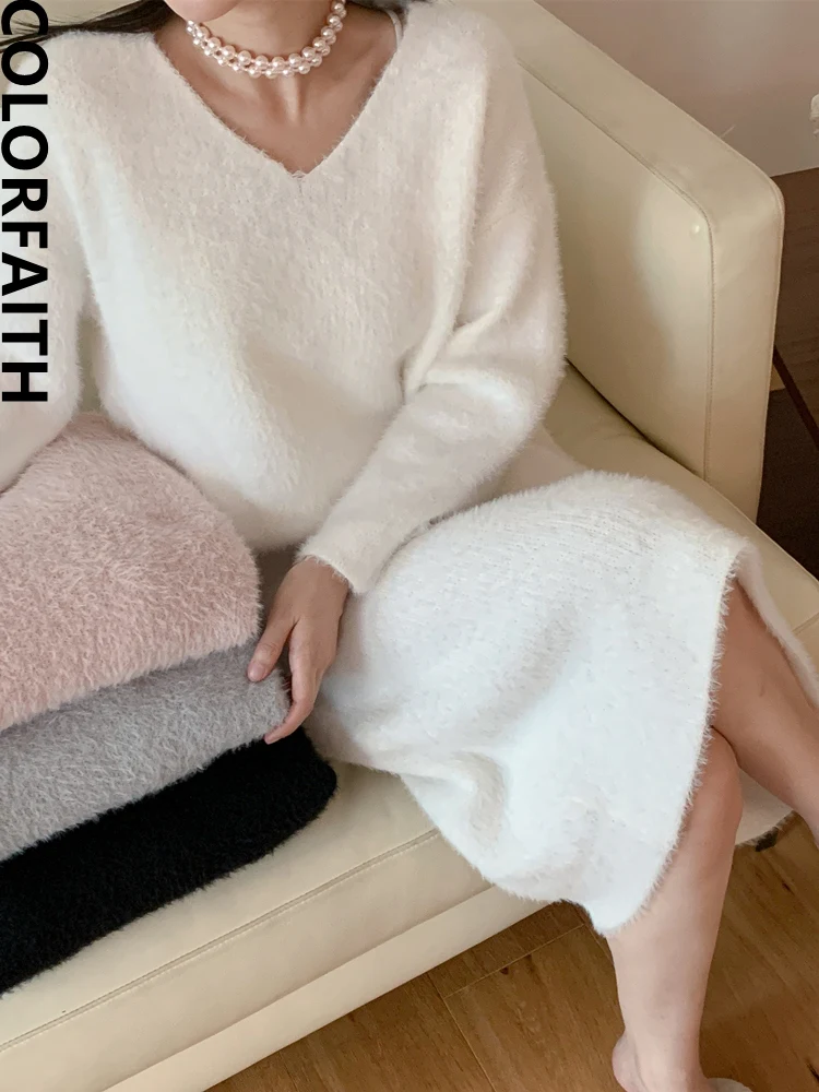 Colorfaith New 2022 Chic Korean Fashion Knitting Fake Mink Cashmere Elegant Women\'s Autumn Winter Vintage Long Dresses DR5081JX