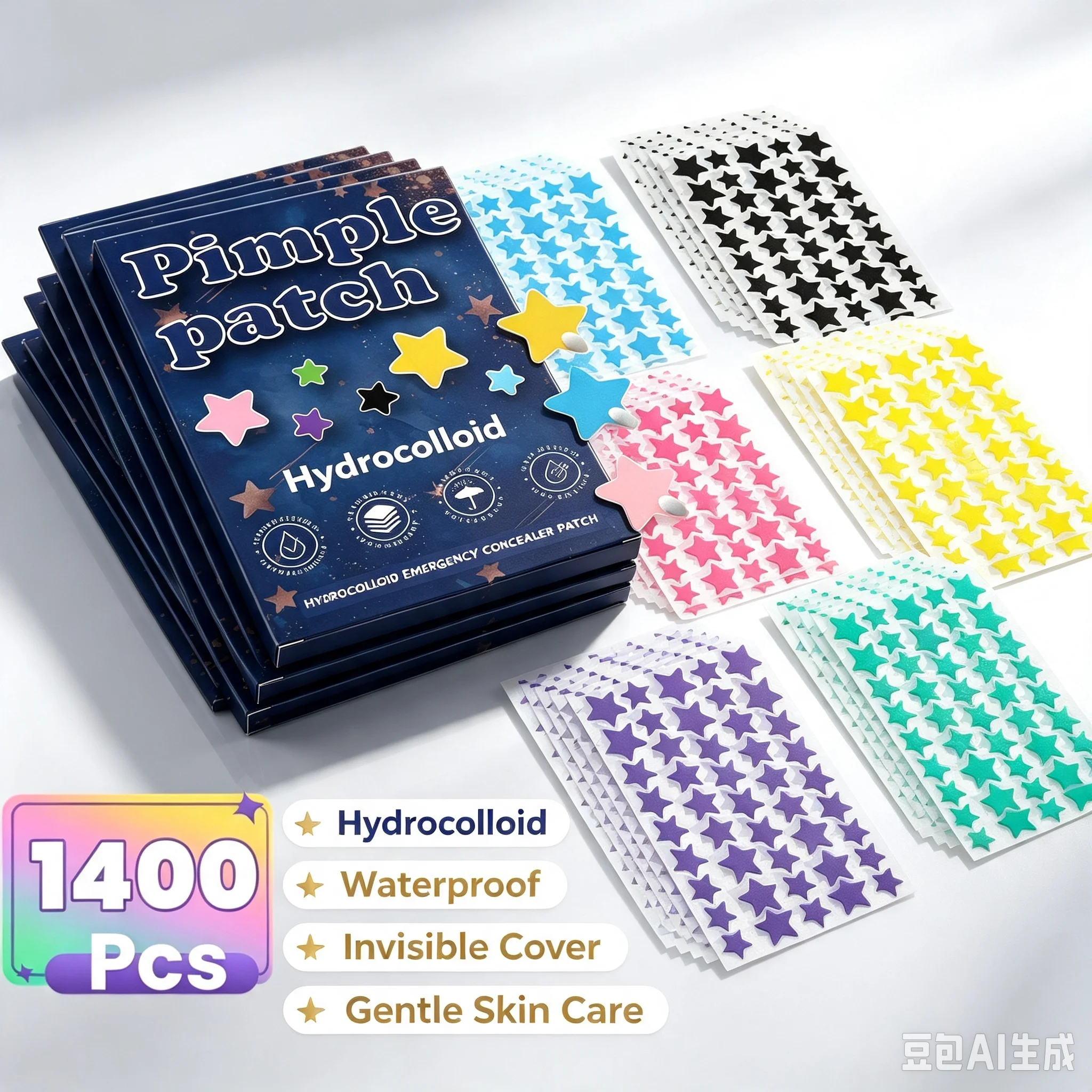 1400 pieces of multi-color star acne patches, facial acne patches, concealer acne patches, and pimples patches, ultra-thin