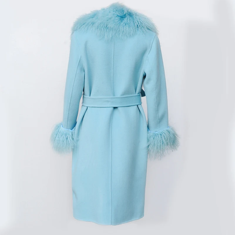 CX-G-T-47B Women Winter Gorgeous Belt Woolen Coat with Real Mongolian Lamb Fur Collar Cuffs