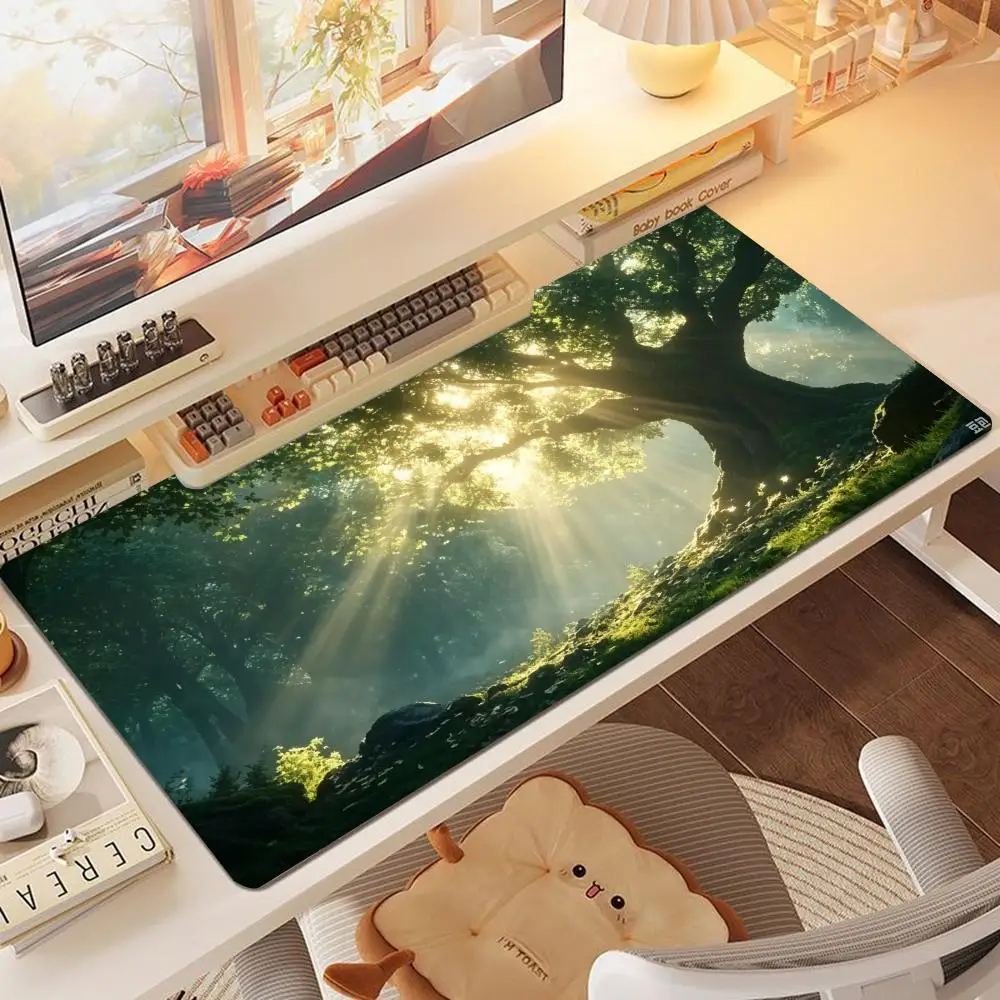 Large Gaming Mouse Pad Sunlight Forest Ancient Tree Landscape Pattern Non-Slip Rubber Desk Mat Keyboard Mat for Office Gaming